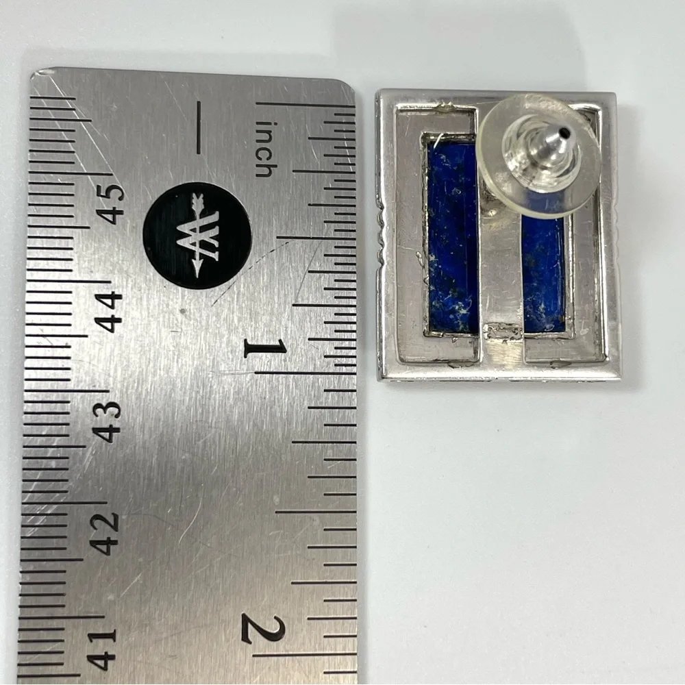 Vintage Sterling Silver Framed Lapis Lazuli Geometric Pierced Earrings Art Deco